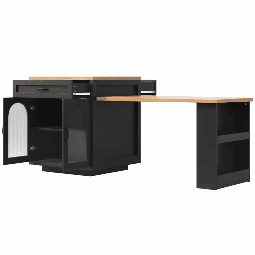 Ilha de cozinha extensível com LED - 2 gavetas, prateleiras ajustáveis, portas de vidro estriado, bancada de cozinha em MDF para sala de jantar - Preto Ilha de cozinha extensível com LED - 2 gavetas, prateleiras ajustáveis, portas de vidro estriado, bancada de cozinha em MDF para sala de jantar - Preto