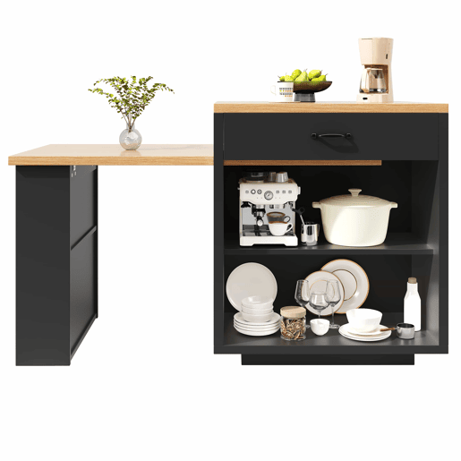 Ilha de cozinha extensível com LED - 2 gavetas, prateleiras ajustáveis, portas de vidro estriado, bancada de cozinha em MDF para sala de jantar - Preto Ilha de cozinha extensível com LED - 2 gavetas, prateleiras ajustáveis, portas de vidro estriado, bancada de cozinha em MDF para sala de jantar - Preto