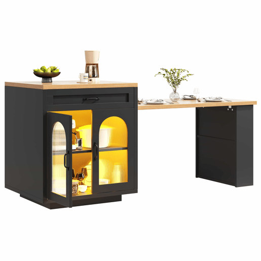 Ilha de cozinha extensível com LED - 2 gavetas, prateleiras ajustáveis, portas de vidro estriado, bancada de cozinha em MDF para sala de jantar - Preto Ilha de cozinha extensível com LED - 2 gavetas, prateleiras ajustáveis, portas de vidro estriado, bancada de cozinha em MDF para sala de jantar - Preto