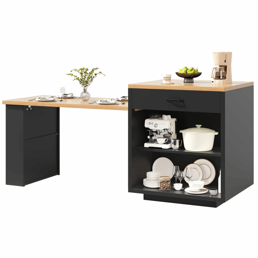 Ilha de cozinha extensível com LED - 2 gavetas, prateleiras ajustáveis, portas de vidro estriado, bancada de cozinha em MDF para sala de jantar - Preto Ilha de cozinha extensível com LED - 2 gavetas, prateleiras ajustáveis, portas de vidro estriado, bancada de cozinha em MDF para sala de jantar - Preto