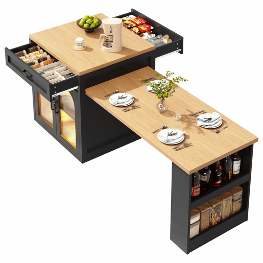 Ilha de cozinha extensível com LED - 2 gavetas, prateleiras ajustáveis, portas de vidro estriado, bancada de cozinha em MDF para sala de jantar - Preto Ilha de cozinha extensível com LED - 2 gavetas, prateleiras ajustáveis, portas de vidro estriado, bancada de cozinha em MDF para sala de jantar - Preto