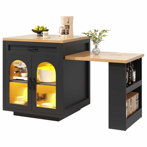Ilha de cozinha extensível com LED - 2 gavetas, prateleiras ajustáveis, portas de vidro estriado, bancada de cozinha em MDF para sala de jantar - Preto Ilha de cozinha extensível com LED - 2 gavetas, prateleiras ajustáveis, portas de vidro estriado, bancada de cozinha em MDF para sala de jantar - Preto