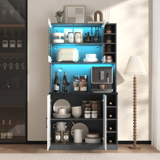Armário de cozinha 100x47x187 cm - Buffet com iluminação LED ambiente, orifícios para cabos, espaço para micro-ondas - Branco + Cinza