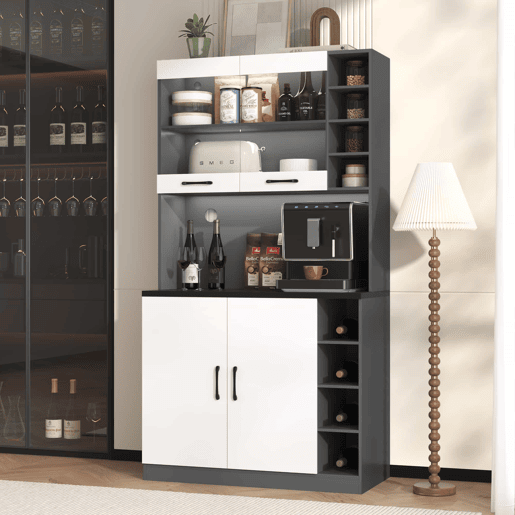 Armário de cozinha 100x47x187 cm - Buffet com iluminação LED ambiente, orifícios para cabos, espaço para micro-ondas - Branco + Cinza