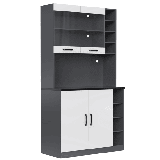 Armário de cozinha 100x47x187 cm - Buffet com iluminação LED ambiente, orifícios para cabos, espaço para micro-ondas - Branco + Cinza