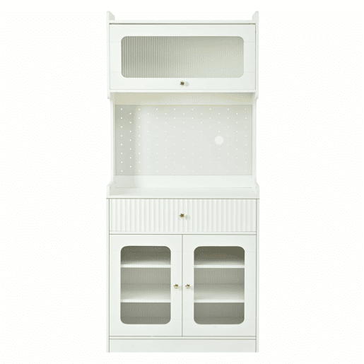 Armário alto - prateleiras ajustáveis, gavetas, iluminação LED, portas de vidro estriado, multifuncional para cozinha, sala de estar e sala de jantar - branco