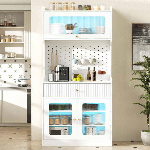 Armário alto - prateleiras ajustáveis, gavetas, iluminação LED, portas de vidro estriado, multifuncional para cozinha, sala de estar e sala de jantar - branco