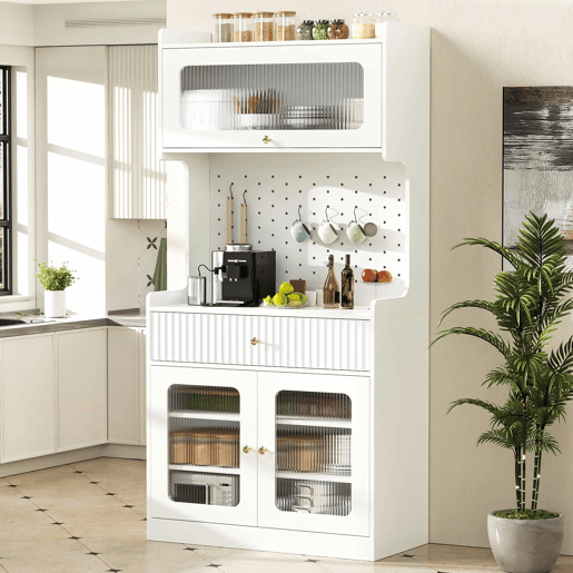 Armário alto - prateleiras ajustáveis, gavetas, iluminação LED, portas de vidro estriado, multifuncional para cozinha, sala de estar e sala de jantar - branco