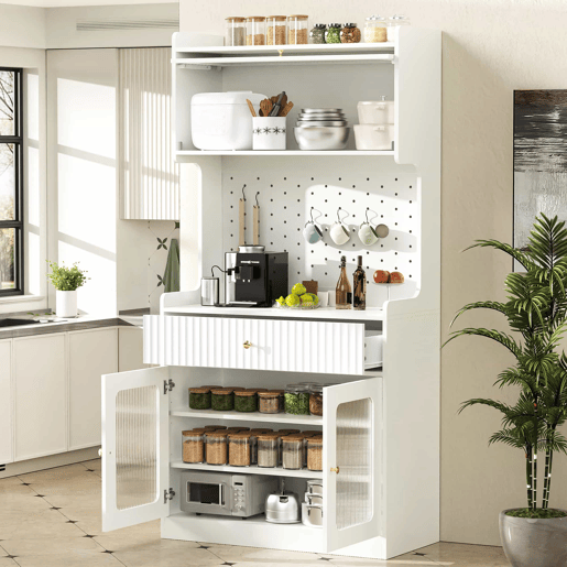 Armário alto - prateleiras ajustáveis, gavetas, iluminação LED, portas de vidro estriado, multifuncional para cozinha, sala de estar e sala de jantar - branco