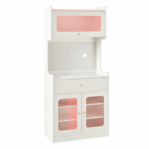 Armário alto - prateleiras ajustáveis, gavetas, iluminação LED, portas de vidro estriado, multifuncional para cozinha, sala de estar e sala de jantar - branco