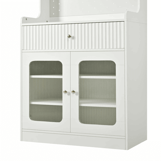 Armário alto - prateleiras ajustáveis, gavetas, iluminação LED, portas de vidro estriado, multifuncional para cozinha, sala de estar e sala de jantar - branco