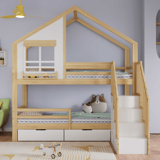 Beliche infantil 90 x 200 cm - Janelas decorativas, escada de segurança com corrimão, 2 gavetas com rodízios, madeira de pinho e MDF - Branco e natural