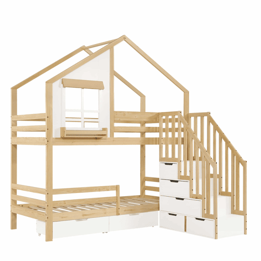 Beliche infantil 90 x 200 cm - Janelas decorativas, escada de segurança com corrimão, 2 gavetas com rodízios, madeira de pinho e MDF - Branco e natural
