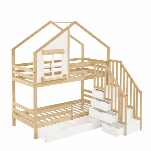 Beliche infantil 90 x 200 cm - Janelas decorativas, escada de segurança com corrimão, 2 gavetas com rodízios, madeira de pinho e MDF - Branco e natural