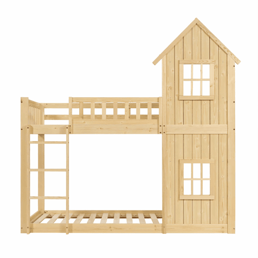 Beliche infantil 90 x 200 cm - design em forma de casinha com 2 janelas, escada de 3 degraus, grades de segurança em todo o perímetro, madeira de pinho e MDF - Natural