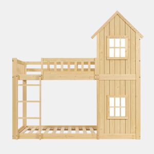 Beliche infantil 90 x 200 cm - design em forma de casinha com 2 janelas, escada de 3 degraus, grades de segurança em todo o perímetro, madeira de pinho e MDF - Natural