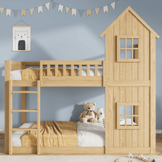 Beliche infantil 90 x 200 cm - design em forma de casinha com 2 janelas, escada de 3 degraus, grades de segurança em todo o perímetro, madeira de pinho e MDF - Natural