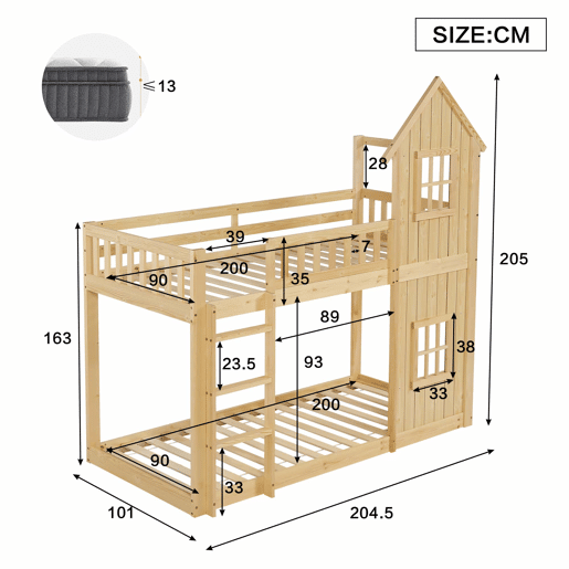 Beliche infantil 90 x 200 cm - design em forma de casinha com 2 janelas, escada de 3 degraus, grades de segurança em todo o perímetro, madeira de pinho e MDF - Natural