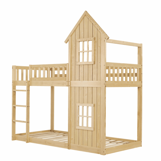 Beliche infantil 90 x 200 cm - design em forma de casinha com 2 janelas, escada de 3 degraus, grades de segurança em todo o perímetro, madeira de pinho e MDF - Natural
