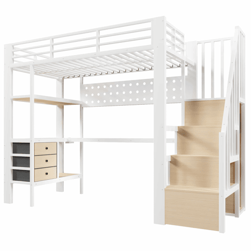 Cama alta 90x200 cm - cama metálica com prateleira, gaveta, painel perfurado, secretária, tomada e luz LED, sem colchão - branco