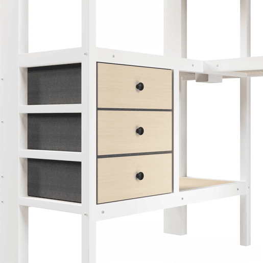 Cama alta 90x200 cm - cama metálica com prateleira, gaveta, painel perfurado, secretária, tomada e luz LED, sem colchão - branco
