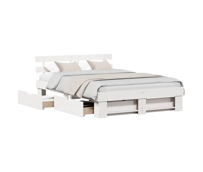 Estructura de cama doble matrimonial con cajón 140 x 200 cm madera de pino macizo