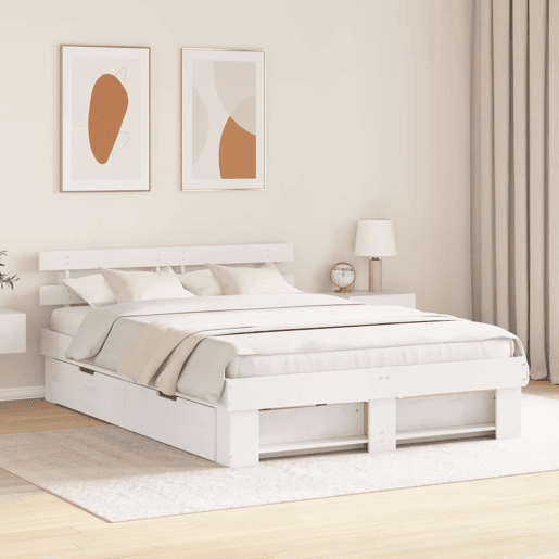 Estrutura da Cama de casal moderno para adultos com cabeceira com gaveta Branco 140 x 200 cm Estrutura da Cama de casal moderno para adultos com cabeceira com gaveta Branco 140 x 200 cm