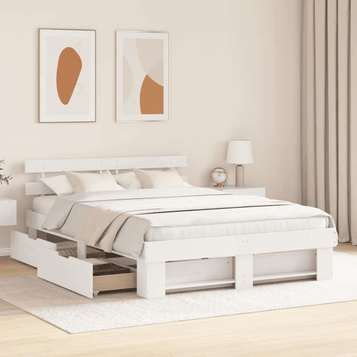 Estrutura da Cama de casal moderno para adultos com cabeceira com gaveta Branco 140 x 200 cm Estrutura da Cama de casal moderno para adultos com cabeceira com gaveta Branco 140 x 200 cm