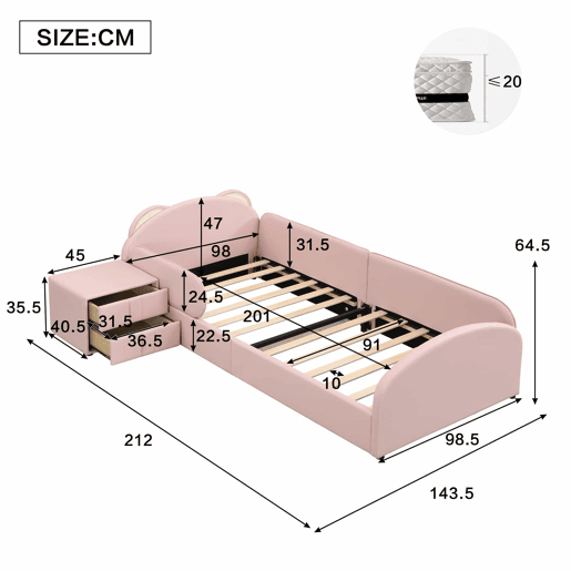 Cama individual infantil 90x200 cm - cabeceira em forma de urso, mesa de cabeceira a condizer, bordas de espuma anti-colisão, design suave, veludo + contraplacado - rosa
