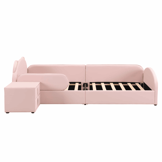 Cama individual infantil 90x200 cm - cabeceira em forma de urso, mesa de cabeceira a condizer, bordas de espuma anti-colisão, design suave, veludo + contraplacado - rosa
