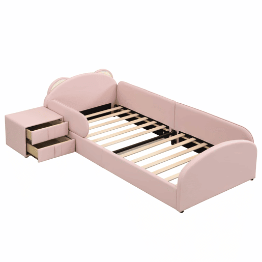Cama individual infantil 90x200 cm - cabeceira em forma de urso, mesa de cabeceira a condizer, bordas de espuma anti-colisão, design suave, veludo + contraplacado - rosa