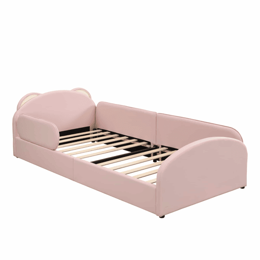 Cama individual infantil 90x200 cm - cabeceira em forma de urso, mesa de cabeceira a condizer, bordas de espuma anti-colisão, design suave, veludo + contraplacado - rosa