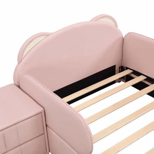 Cama individual infantil 90x200 cm - cabeceira em forma de urso, mesa de cabeceira a condizer, bordas de espuma anti-colisão, design suave, veludo + contraplacado - rosa