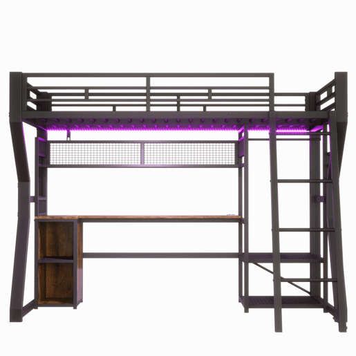 Cama alta 90x200 cm - estrutura em ferro, faixa de luz LED, tomada integrada, zona para pendurar roupa, secretária, compartimentos de arrumação, prateleiras, espaço aberto debaixo da cama, sem colchão - preto