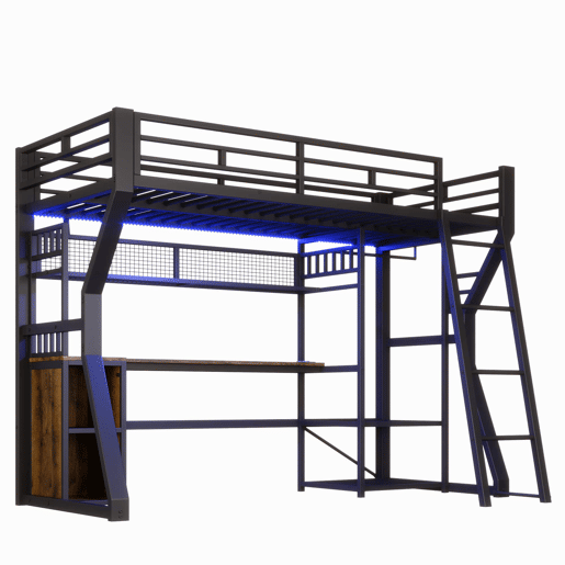 Cama alta 90x200 cm - estrutura em ferro, faixa de luz LED, tomada integrada, zona para pendurar roupa, secretária, compartimentos de arrumação, prateleiras, espaço aberto debaixo da cama, sem colchão - preto