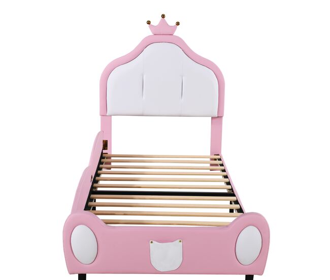 Cama infantil 90x200 cm en piel sintética - cabecero con moldura de techo - rosa