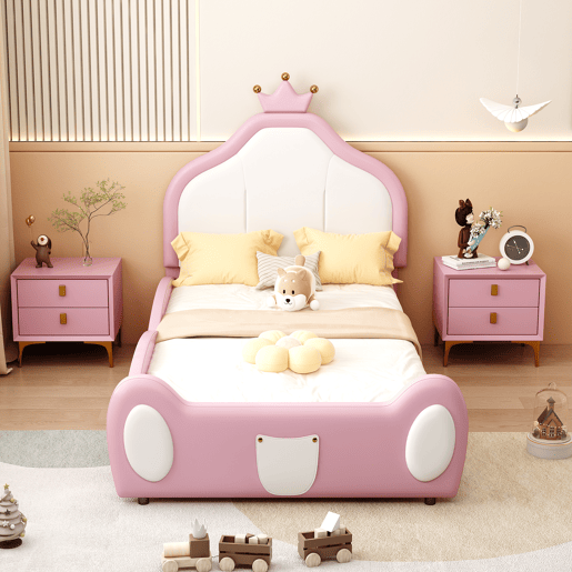 Cama de criança 90x200 cm em pele sintética - cabeceira com moldura no teto - Rosa