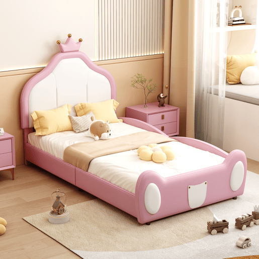 Cama de criança 90x200 cm em pele sintética - cabeceira com moldura no teto - Rosa