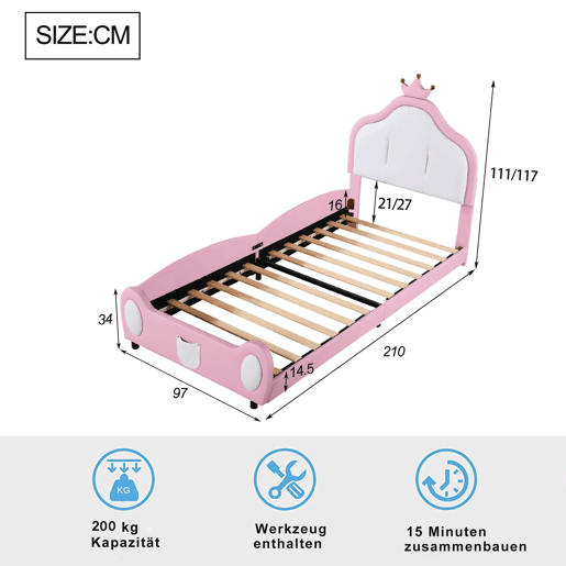 Cama de criança 90x200 cm em pele sintética - cabeceira com moldura no teto - Rosa