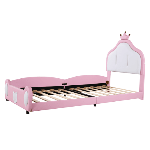 Cama de criança 90x200 cm em pele sintética - cabeceira com moldura no teto - Rosa