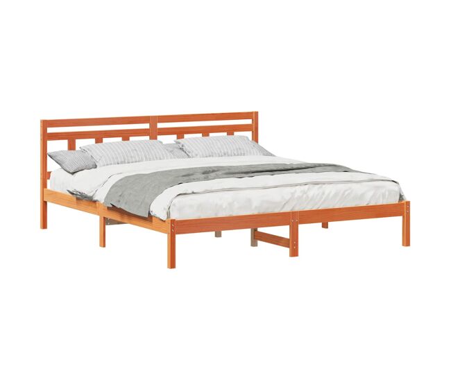 Estructura de cama matrimonial estilo con cabecera marrón madera de pino