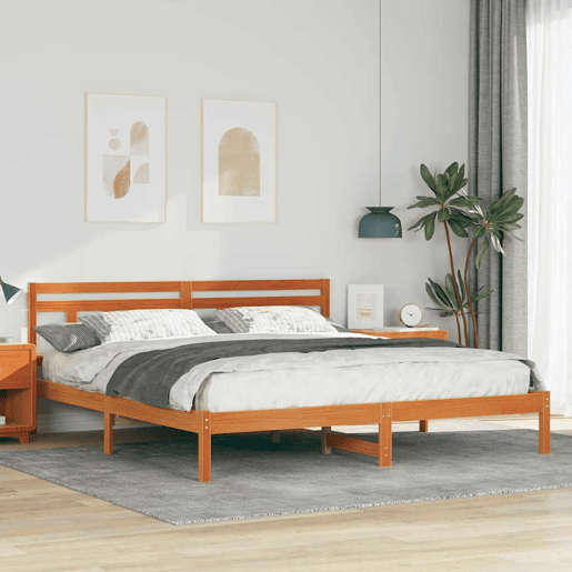 Estrutura da Cama de casal simple com cabeceira Castanho Madeira de Pinheiro Estrutura da Cama de casal simple com cabeceira Castanho Madeira de Pinheiro