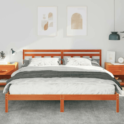 Estrutura da Cama de casal simple com cabeceira Castanho Madeira de Pinheiro Estrutura da Cama de casal simple com cabeceira Castanho Madeira de Pinheiro
