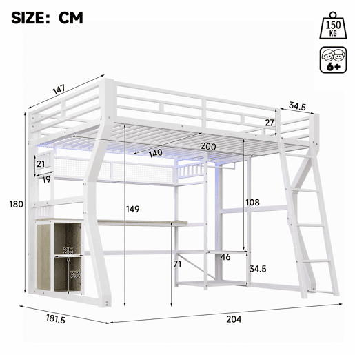 Cama alta 140x200 cm - estrutura metálica com faixa de luz LED, tomada integrada, cabide, secretária, prateleiras e espaço de arrumação na parte inferior - branco