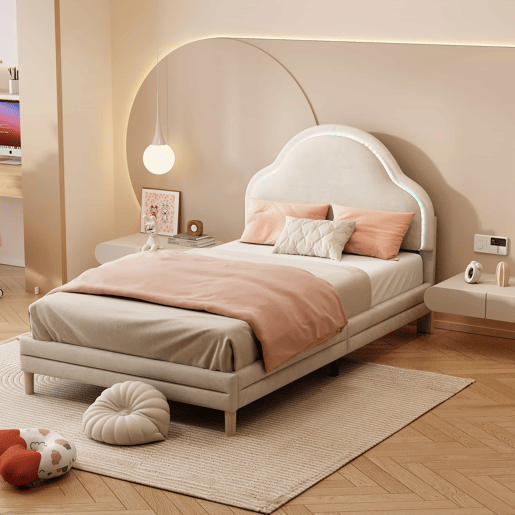 Cama de criança estofada em veludo com LED em várias cores - cabeceira em forma de nuvem - estrado de ripas de madeira - 90x200cm - Bege