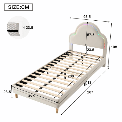 Cama de criança estofada em veludo com LED em várias cores - cabeceira em forma de nuvem - estrado de ripas de madeira - 90x200cm - Bege