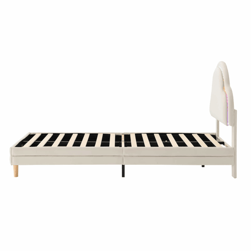 Cama de criança estofada em veludo com LED em várias cores - cabeceira em forma de nuvem - estrado de ripas de madeira - 90x200cm - Bege