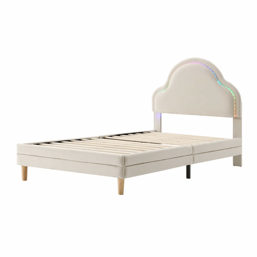 Cama de criança estofada em veludo com LED em várias cores - cabeceira em forma de nuvem - estrado de ripas de madeira - 90x200cm - Bege
