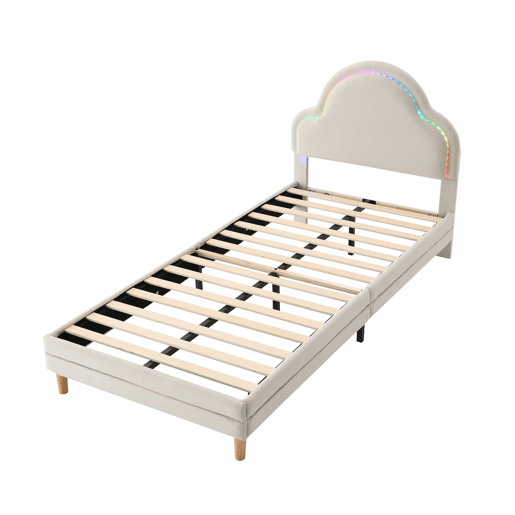 Cama de criança estofada em veludo com LED em várias cores - cabeceira em forma de nuvem - estrado de ripas de madeira - 90x200cm - Bege