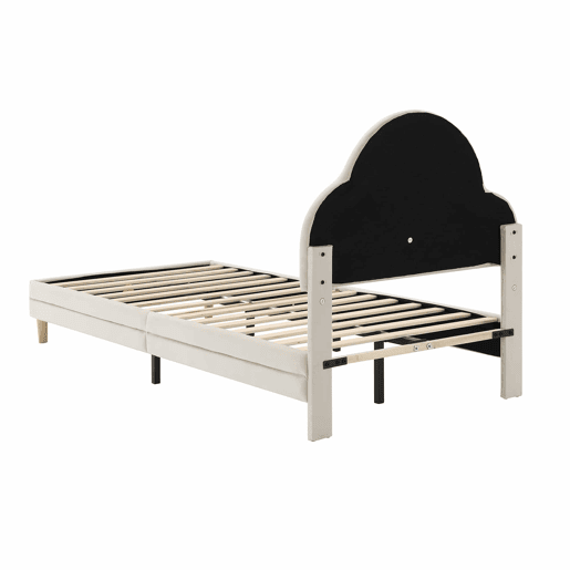 Cama de criança estofada em veludo com LED em várias cores - cabeceira em forma de nuvem - estrado de ripas de madeira - 90x200cm - Bege